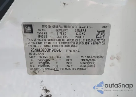 2011 Chevrolet Equinox 1Lt from USA, damaged, VIN 2GNALDEC6B1283945